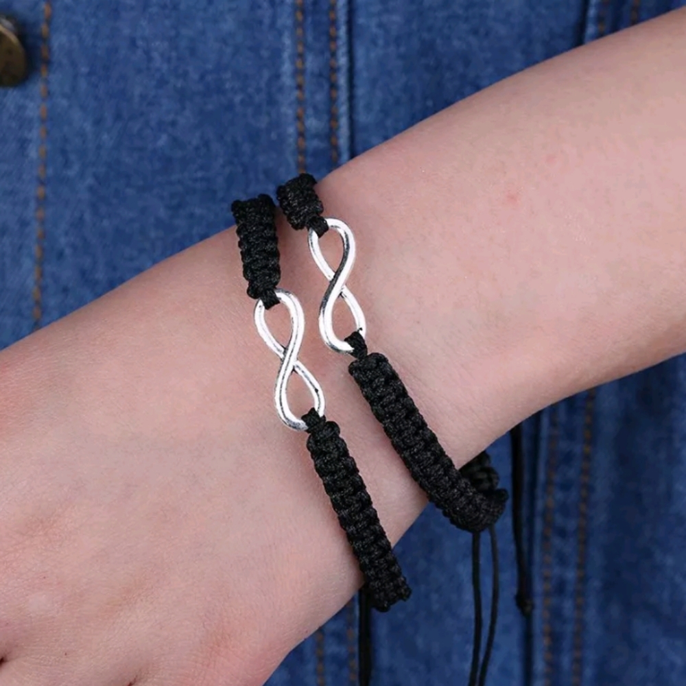 Set Of 2 black bracelets Infinity alloy silver charms unisex Erik's bracelet
